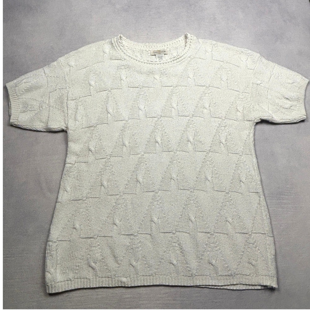 Yarnworks White Cotton Knit Short Sleeve Sweater Geometric USA Vintage Small